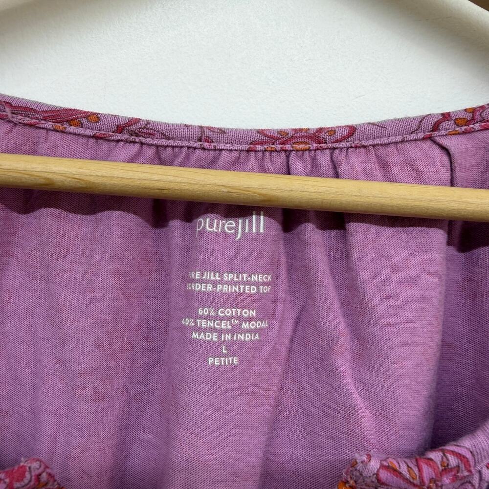 J. Jill Split Neck Border Printed Top Large PETITE LP Purple Cotton Paisley - Picture 4 of 5